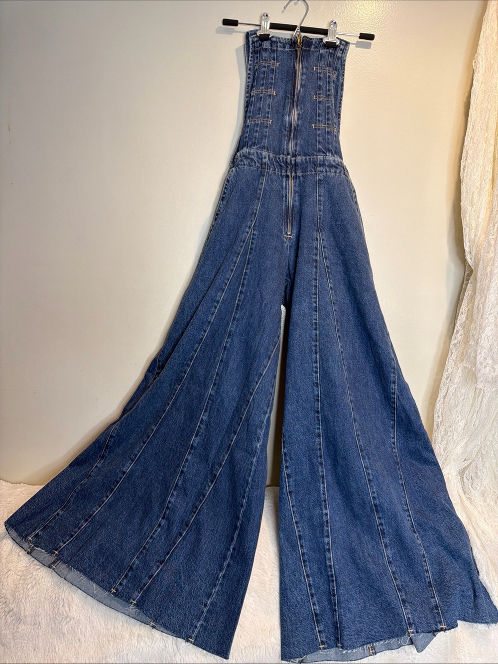 We The Free People Vista Apron Wide Leg Godet Halter Seamed Jumpsuit 28 - Picture 4 of 10
